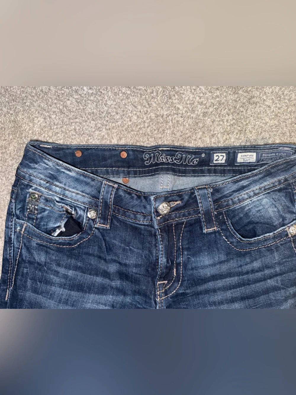 Miss Me Dark Blue Boot Cut Jeans with Embroidered Rhinestone Pockets